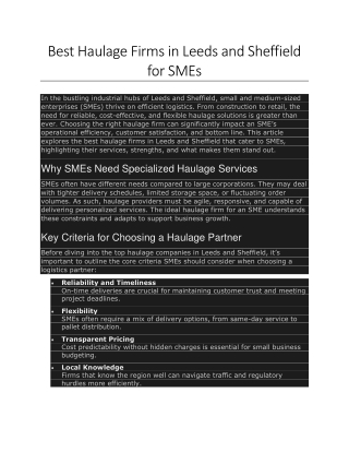 Best Haulage Firms in Leeds and Sheffield for SMEs