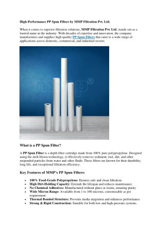 High-Quality PP Spun Filter Manufacturer – MMP Filtration Pvt. Ltd.