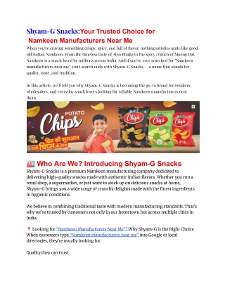 Shyam-G Snacks:Your Trusted Choice for  Namkeen Manufacturers Near Me
