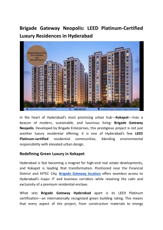 Brigade Gateway Neopolis: LEED Platinum-Certified Luxury Residences in Hyderabad