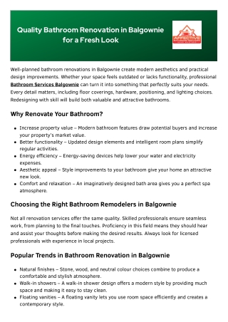 Quality Bathroom Renovation in Balgownie for a Fresh Look