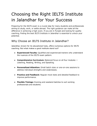 Choosing the Right IELTS Institute in Jalandhar for Your Success