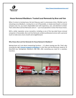 House Removal Blackburn: Trusted Local Removals by Bran and Van