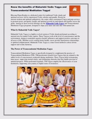 Know the benefits of Maharishi Vedic Yagya and Transcendental Meditation Yagya!