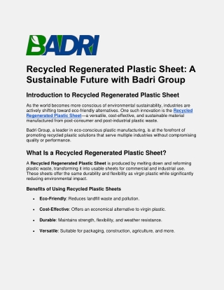Recycled Regenerated Plastic Sheet - A Sustainable Future with Badri Group
