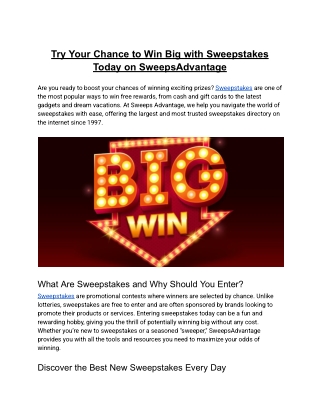 Try Your Chance to Win Big with Sweepstakes Today on Sweeps Advantage