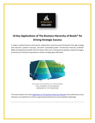 Applications of The Business Hierarchy of Needs®