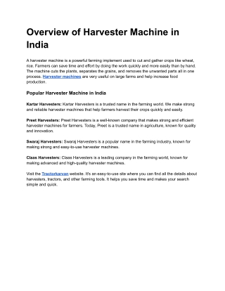 Overview of Harvester Machine in India