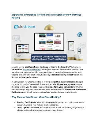Experience Unmatched Performance with SoloStream WordPress Hosting