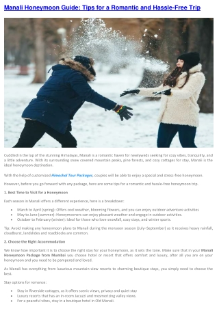 Manali Honeymoon Guide