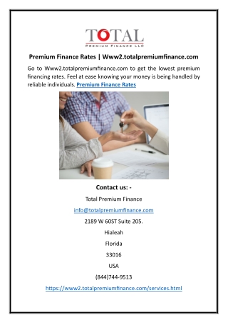 Premium Finance Rates | Www2.totalpremiumfinance.com