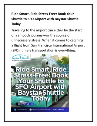 Ride Smart, Ride Stress-Free Book Your Shuttle to SFO Airport with Baystar Shuttle Today