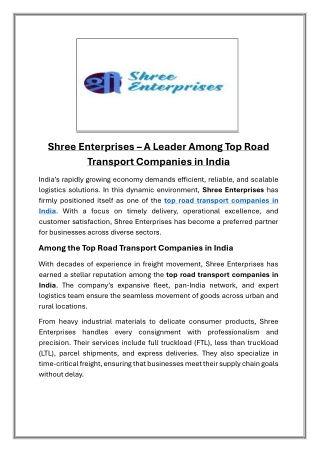 Shree Enterprises  A Leader Among Top Road Transport Companies in India