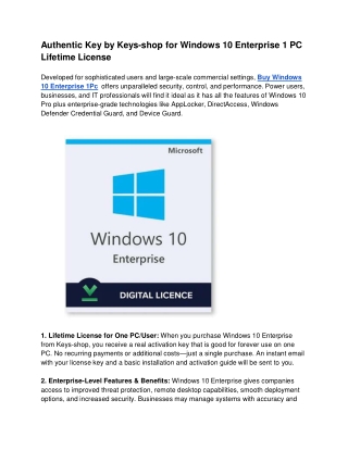 Authentic Key by Keys-shop for Windows 10 Enterprise 1 PC Lifetime License