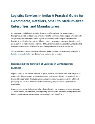 Logistics Services in India A Practical Guide for E-commerce, Retailers, Small to Medium-sized Enterprises, and Manufact