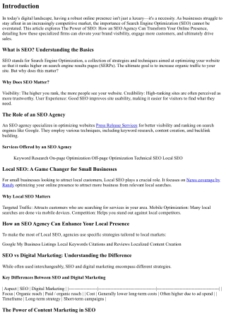 **The Power of SEO: How an SEO Agency Can Transform Your Online Presence**