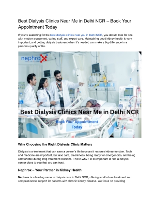 Best Dialysis Clinics Near Me in Delhi NCR – Book Your Appointment Today