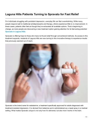 Laguna Hills Patients Turning to Spravato for Fast Relief