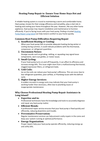 Heating Pump Repair to  Ensure Your Home Stays Hot and Efficient Solution