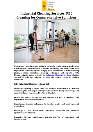 Industrial Cleaning Services PBC Cleaning for Comprehensive Solutions