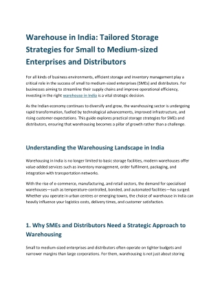 Warehouse in India Tailored Storage Strategies for Small to Medium-sized Enterprises and Distributors