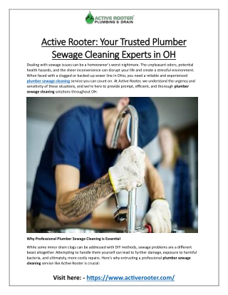Active Rooter: Your Trusted Plumber Sewage Cleaning Experts in OH
