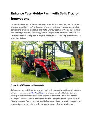 Enhance Your Hobby Farm with Solis Tractor Innovations