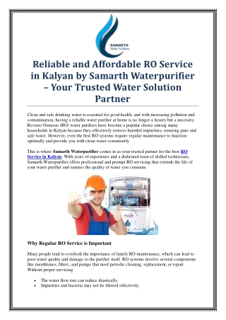 Expert RO Service in Kalyan by Samarth Waterpurifier