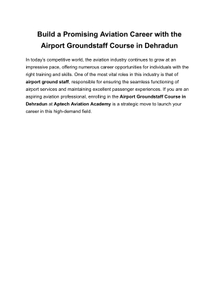 Build a Promising Aviation Career with the Airport Groundstaff Course in Dehradun