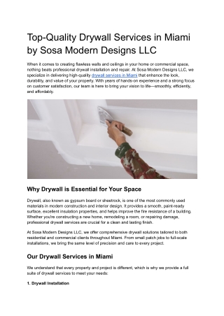 Top-Quality Drywall Services in Miami by Sosa Modern Designs LLC