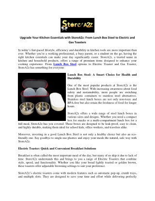 Upgrade Your Kitchen Essentials with StoreA2z From Lunch Box Steel to Electric and Gas Toasters