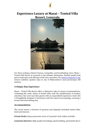 Experience Luxury at Masai – Tented Villa Resort, Lonavala