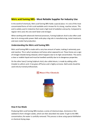 Nitric acid fuming Most Reliable Supplier for Industry Use