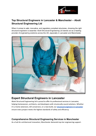 Top Structural Engineers in Lancaster & Manchester – Abott Structural Engineering Ltd