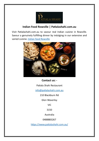 Indian Food Rowville | Patialashahi.com.au