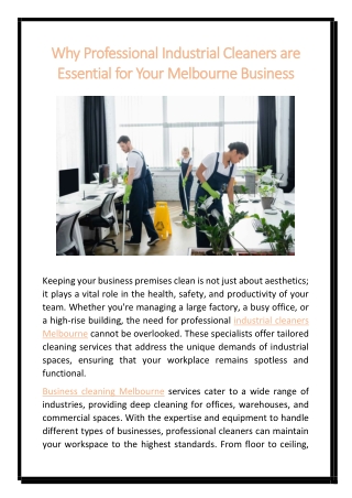 Why Professional Industrial Cleaners are Essential for Your Melbourne Business