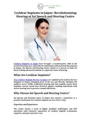 Cochlear Implants in Jaipur Revolutionizing Hearing at Sai Speech and Hearing Centre