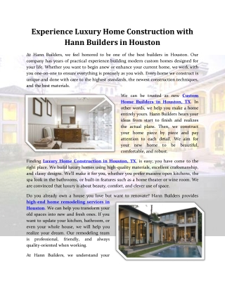Experience Luxury Home Construction with Hann Builders in Houston