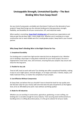 Transform Your Builds with Unbreakable Binding Wire from Sawp Steel