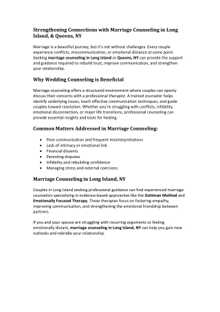 Strengthening Connections with Marriage Counseling in Long Island, & Queens, NY