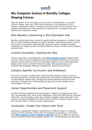 BSc Computer Science in Bareilly: Colleges Shaping Futures