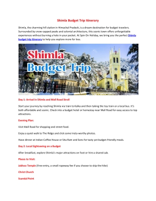 Shimla Budget Trip Itinerary