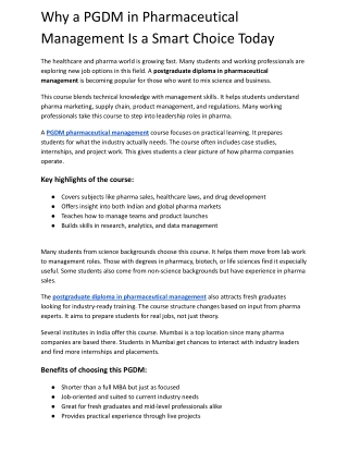 Why a PGDM in Pharmaceutical Management Is a Smart Choice Today