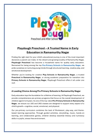 Playdough Preschool  A Trusted Name in Early Education in Ramamurthy Nagar
