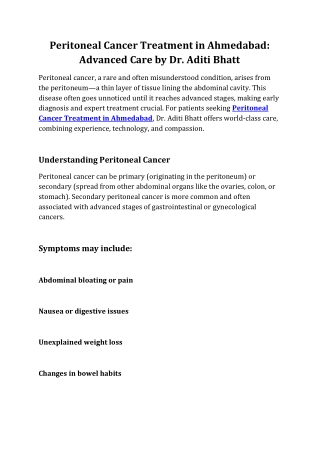 Peritoneal Cancer Treatment in Ahmedabad | Dr. Aditi Bhatt