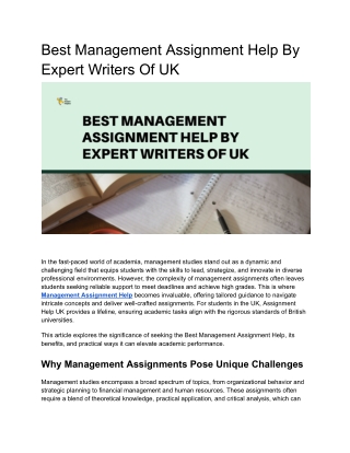 Best Management Assignment Help By Expert Writers Of UK