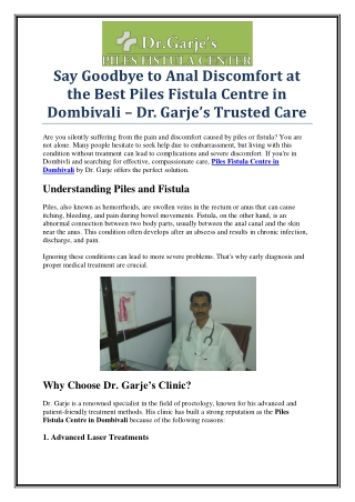 Affordable & Advanced Piles Fistula Centre in Dombivali – Dr. Garje