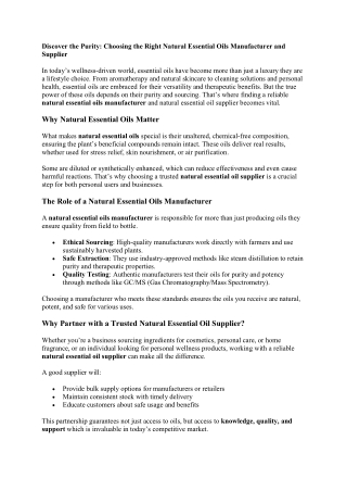 Discover the Purity Choosing the Right Natural Essential Oils Manufacturer and Supplier