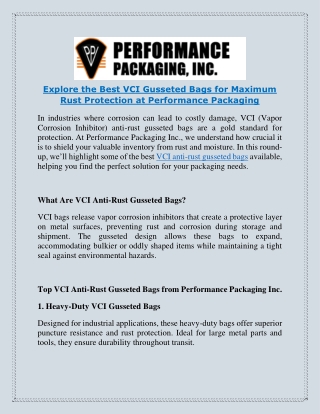 Explore the Best VCI Gusseted Bags for Maximum Rust Protection at Performance Packaging