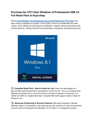 Purchase the 1PC/1User Windows 10 Professional USB 3.0 Full Retail Pack at Keys-